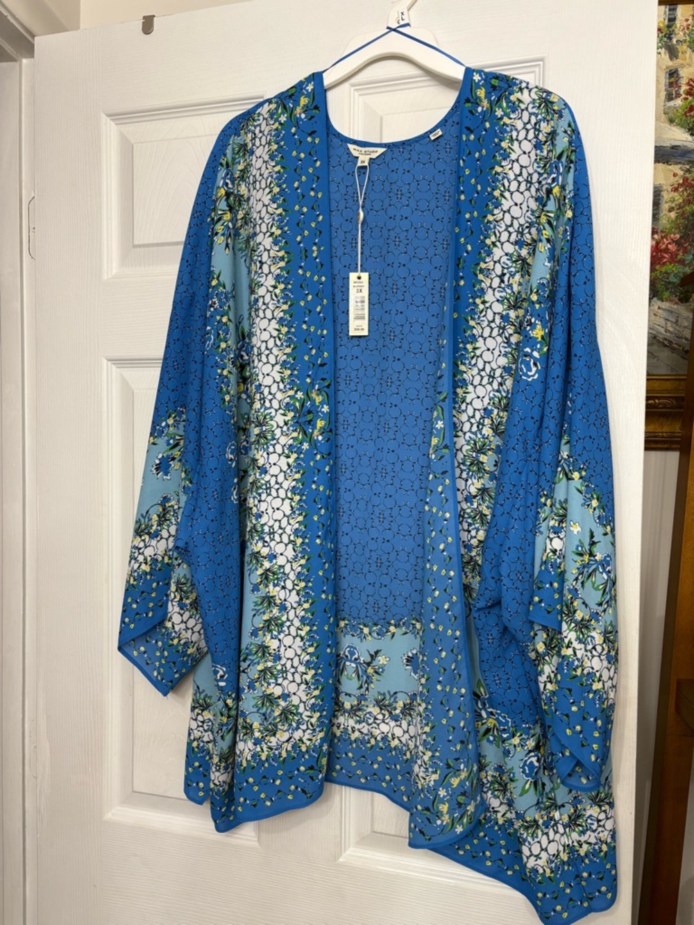 Max Studio Bright Blue Floral-Trim Open Blouse